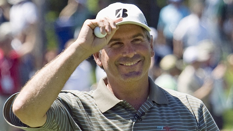 Fred Couples reacts after winning the seventh hole and $65,000 at the Telus World Skins.