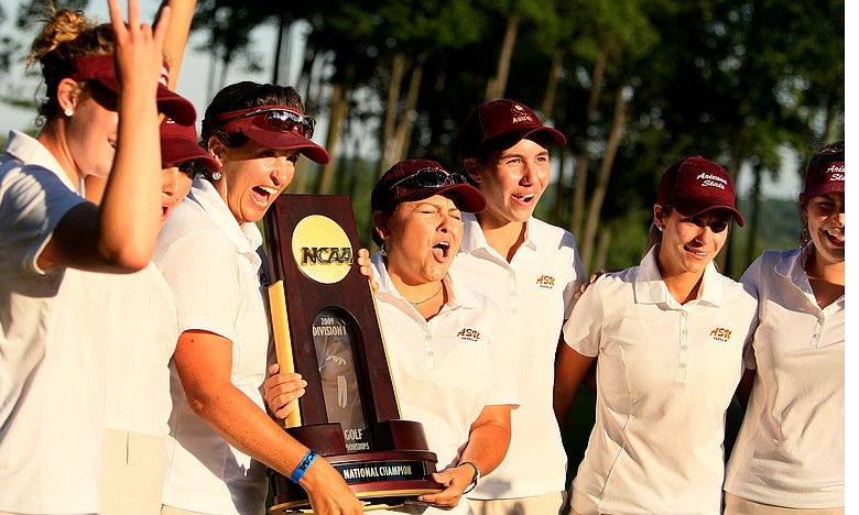 The Arizona State Sun Devils celebrate winning the 2009 NCAA Women's Golf Championships at Caves Valley Golf Club in Owings Mills, Md.