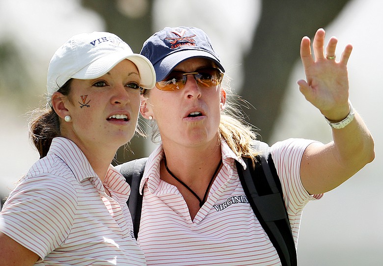 Virginia's Jennie Arseneault and head coach Kim Lewellen during round 2 of the 2008 NCAA Div. 1 Women's Championship.