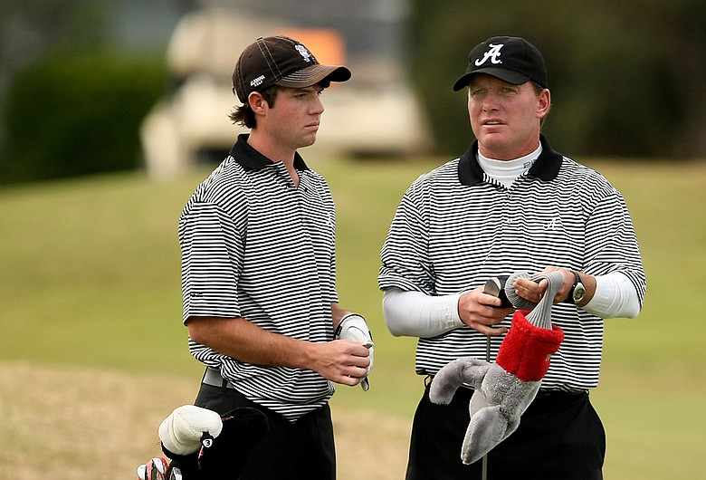 Alabama head coach Jay Seawell, right, with player Hunter Hamrick.