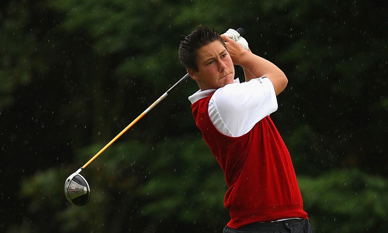 Ben Enoch of Wales tees off on the first hole during the Boys Home Internationals at Royal County Down Golf Club.