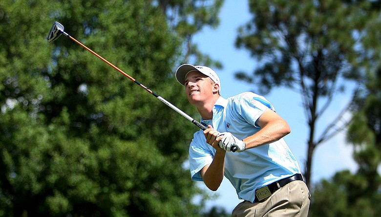 Morgan Hoffmann watches his tee shot at the 7th hole during quarterfinal match play at the 2008 U. S. Amateur.