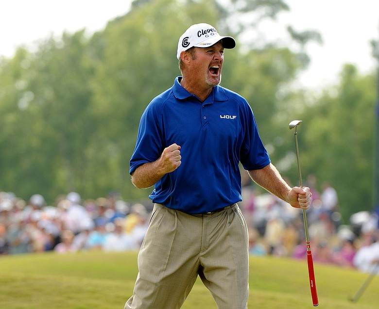 Jerry Kelly reacts to his winning putt at the 18th green during the final round of the Zurich Classic of New Orleans.