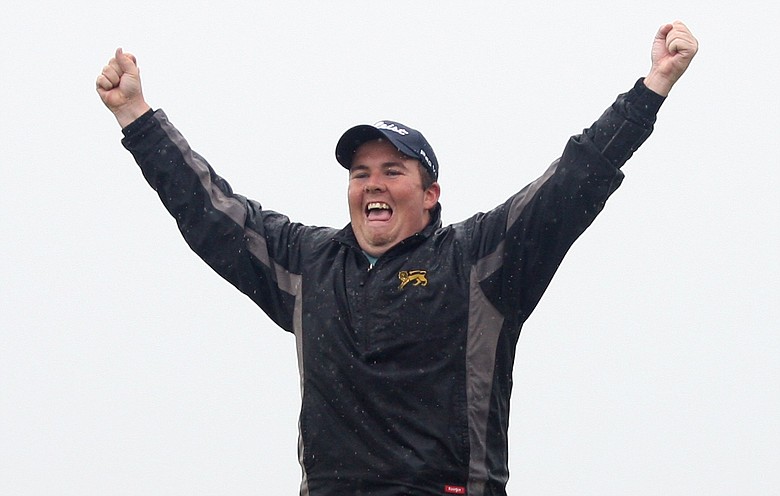 Shane Lowry of Ireland celebrates after winning on the third play-off hole during the final round of The Irish Open.