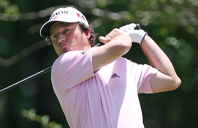 Tim Clark hits his tee shot on the 4th hole during the third round of the Crowne Plaza Invitational.