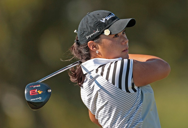 Irene Cho watches her drive from the 10th tee during first round play in the 2008 Navistar LPGA Classic.