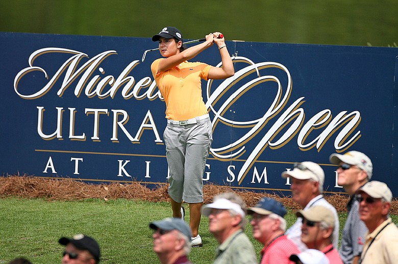 Lorena Ochoa of Mexico hits her tee shot on the 13th hole during the second round of the Michelob Ultra Open.