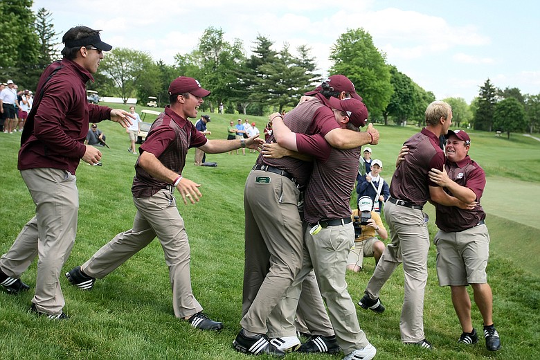 Texas A&M celebrates after winning the 2009 NCAA Golf Championships at Inverness Club.