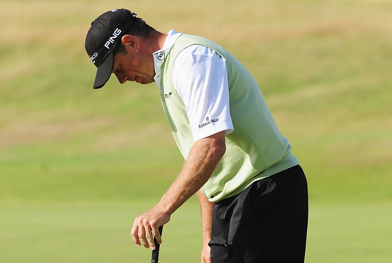 Lee Westwood of England reacts to a missed putt during the final round of the 138th Open Championship.