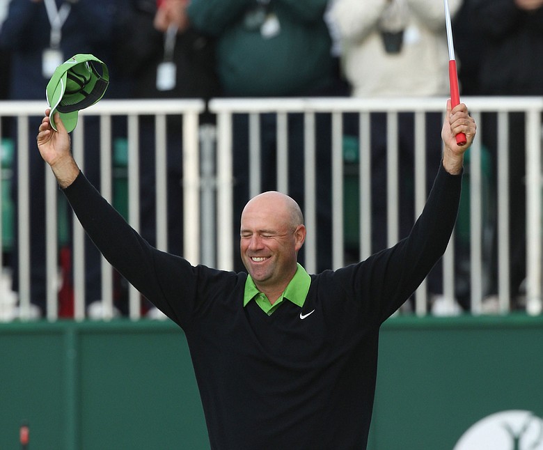 Stewart Cink celebrates defeating Tom Watson in a play off on the 18th green.