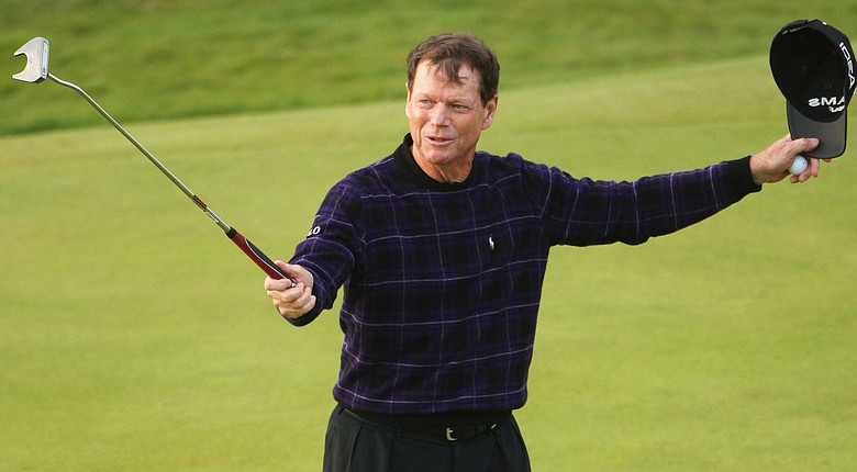 Tom Watson of USA acknowledges the crowd on the 18th green after completing his 1 over Par round of 71.