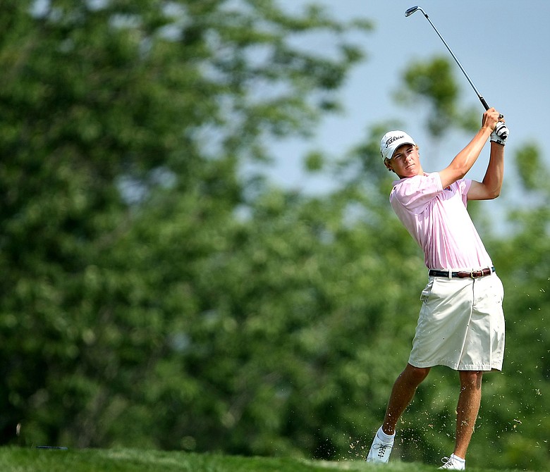 Jordan Spieth hits his tee shot at no. 14 during the morning round of Saturday's final at the 62nd U. S. Junior Amateur Championship at Trump National Golf Club.