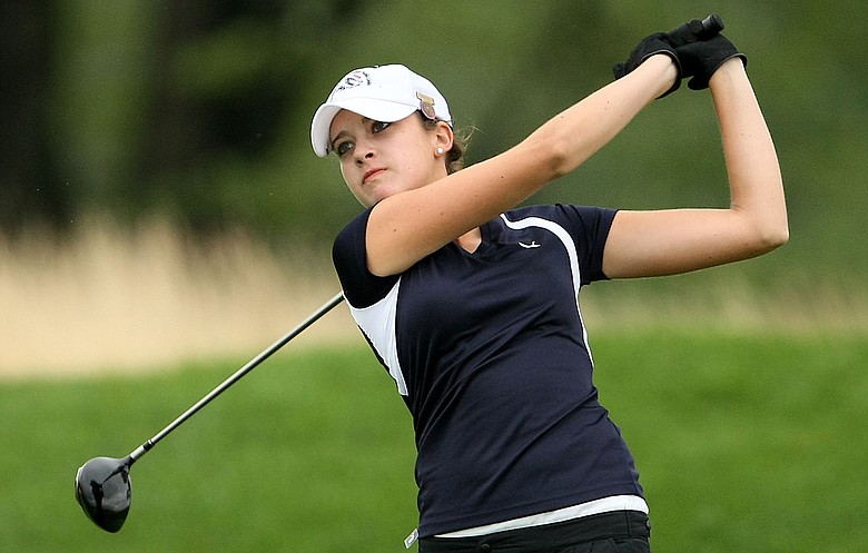 Kimberly Kaufman tees off at No. 16 during Thursday match play of the 61st U. S. Girls' Junior Championship.