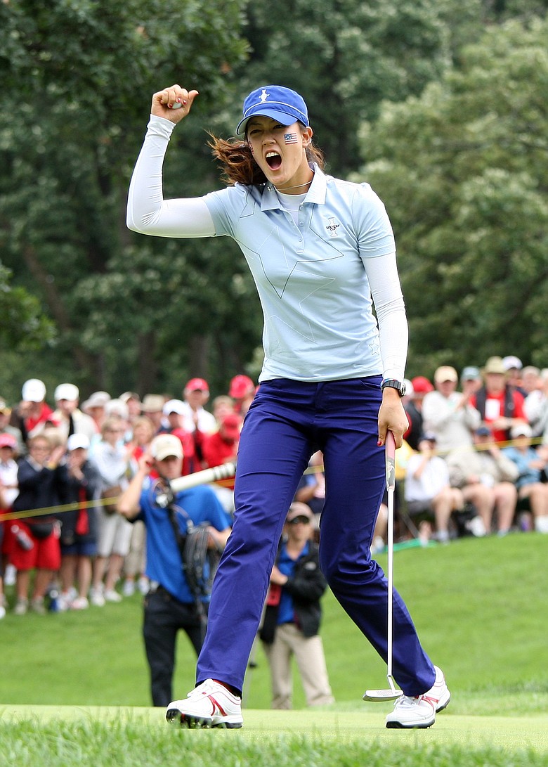 Michelle Wie celebrates during Day 1 of the Solheim Cup.