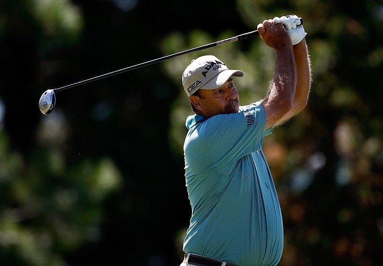 Brad Bryant tees off on the ninth hole during the third round of the Jeld-Wen Tradition.