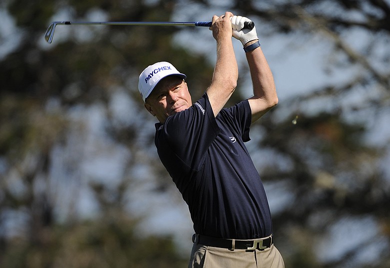 Jeff Sluman tees off on the 11th hole during the first round of the Walmart First Tee Open at Pebble Beach held at Del Monte Golf Club in Monterey, California.