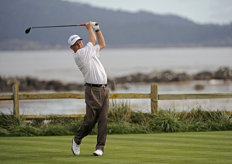 Jeff Sluman tees off on No. 18 during the Walmart First Tee Open at Pebble Beach Golf Links in Pebble Beach, California.