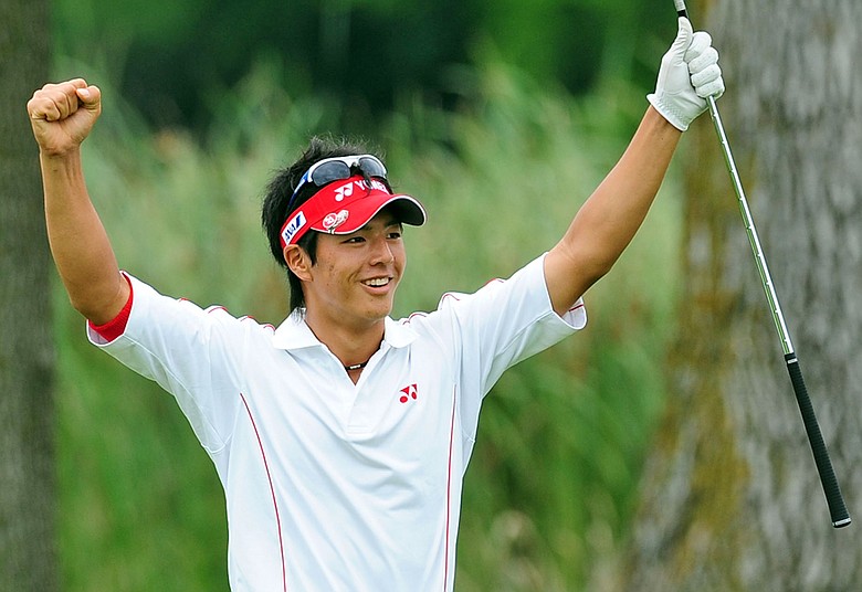 Ryo Ishikawa celebrates after holing out for birdie on the 16th hole at Hazeltine during the final round of the 2009 PGA Championship.