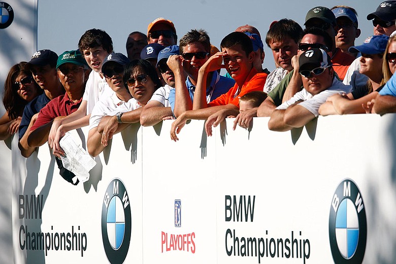 Fans watch the play on the 17th hole during the final round of the BMW Championship.