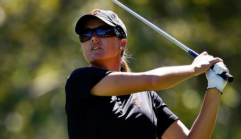Sophie Gustafson tees off on the seventh hole during the second round of the CVS/pharmacy LPGA Challenge.