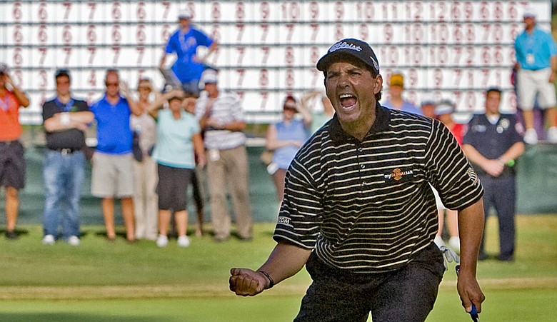 Tom Pernice Jr. celebrates as he sinks a birdie putt on the 18th hole to win the SAS Championship.