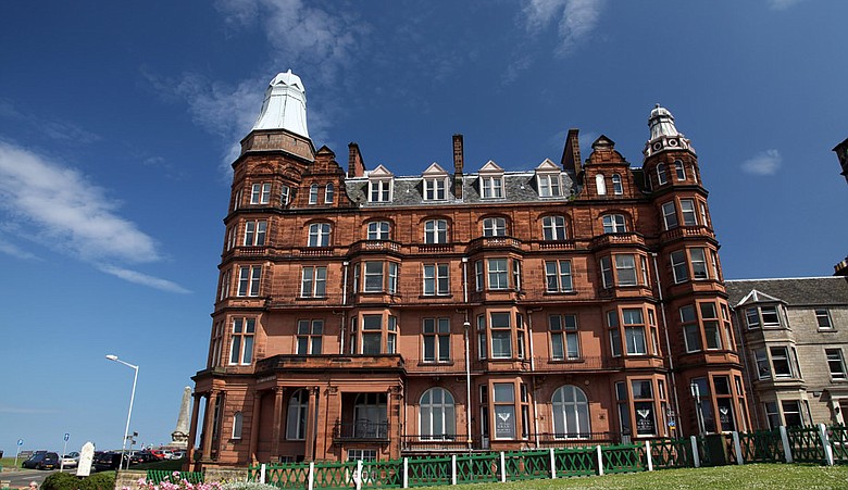 A view of Hamilton Hall beside the 18th hole at St Andrews, Scotland.