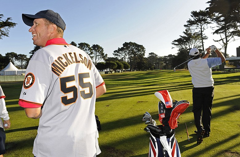 Jim 'Bones' Mckay, caddie of Phil Mickelson, wears a San Francisco Giants jersey on the range during practice for The Presidents Cup.