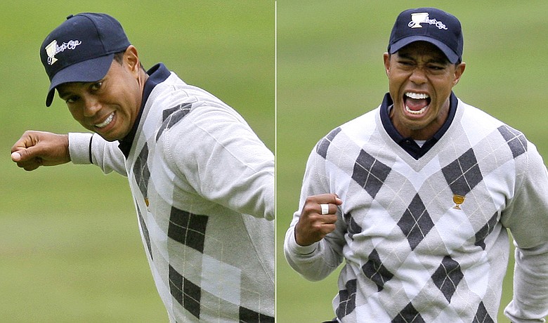 Tiger Woods reacts after making birdie on No. 17 Saturday at the Presidents Cup. He and Steve Stricker stayed undefeated at Harding Park.