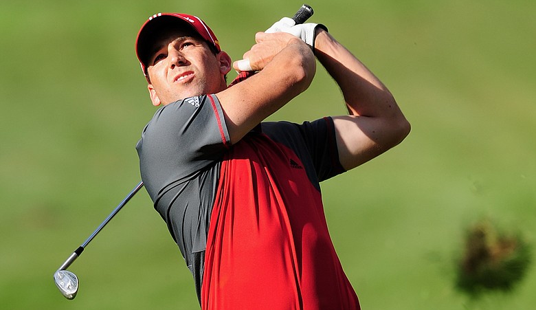 Sergio Garcia plays his approach shot on the ninth hole during the first round of the Castello Masters Costa Azahar.