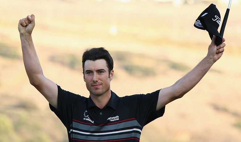 Ross Fisher celebrates following his victory at the Volvo World Match Play Championship.