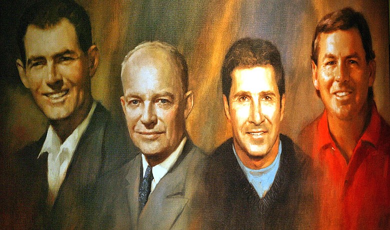 A painting of World Golf Hall of Fame inductees (L-R) Christy O'Connor, President Dwight D. Eisenhower, Jose Maria Olazabal and Lanny Wadkins hangs at the World Golf Hall of Fame induction ceremony.
