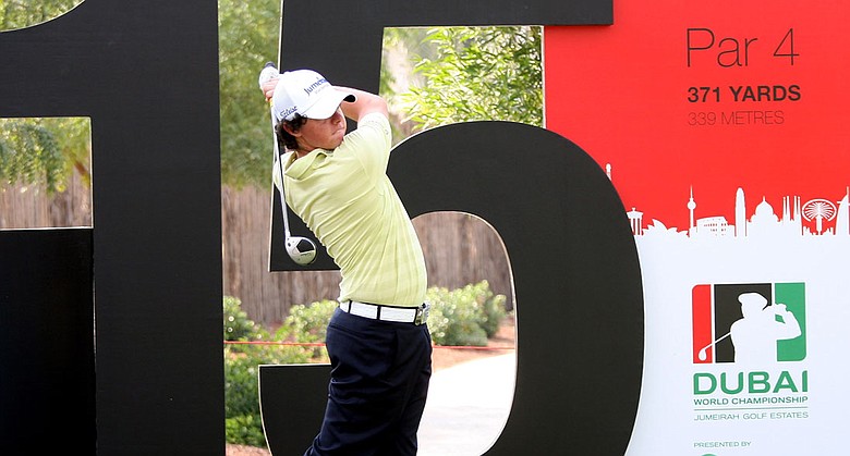 Rory McIlroy hits a tee shot on the 15th hole at the Earth Course at Jumeirah Golf Estates, site of this week’s Dubai World Championship.