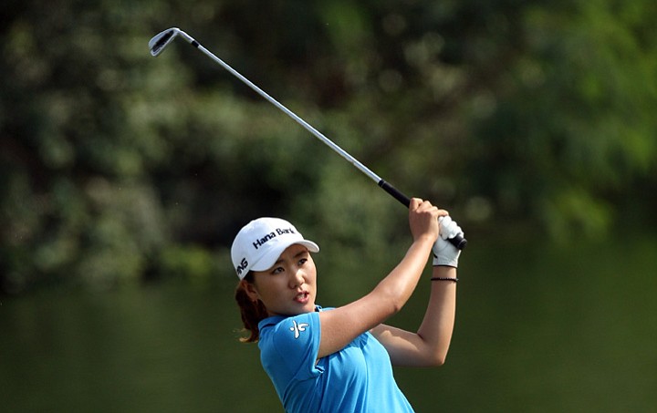 In-Kyung Kim plays her second shot into the 9th hole during the second round of the Dubai Ladies Masters.