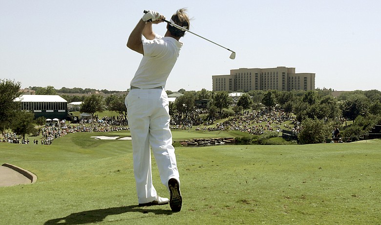 Trevor Immelman hits a shot from the 17th tee box during the Byron Nelson Championship.