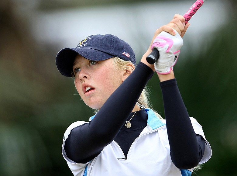 Winner Jessica Korda hits her opening tee shot at the final round of the Sally.