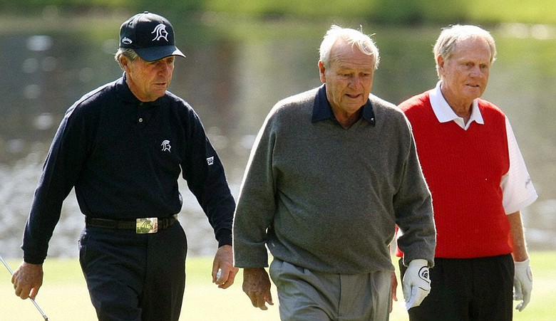 Gary Player, Arnold Palmer and Jack Nicklaus walk together during the Par 3 contest before the 2009 Masters.