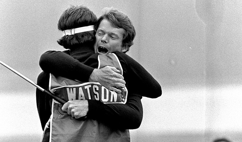 Tom Watson hugs caddie Bruce Edwards after winning the 1982 U.S. Open.
