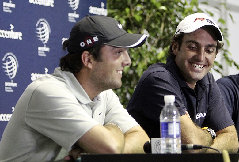 Edoardo Molinari, right, and his brother, Francesco Molinari, talk to the media Monday at the Accenture Match Play Championship.