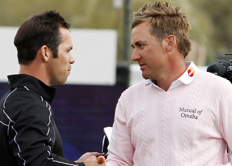Ian Poulter (right) is congratulated by Paul Casey after his 4-and-2 victory in the finals of the Accenture Match Play Championship.