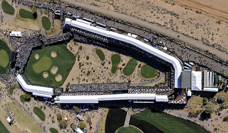 An aerial view of the 16th at TPC Scottsdale.