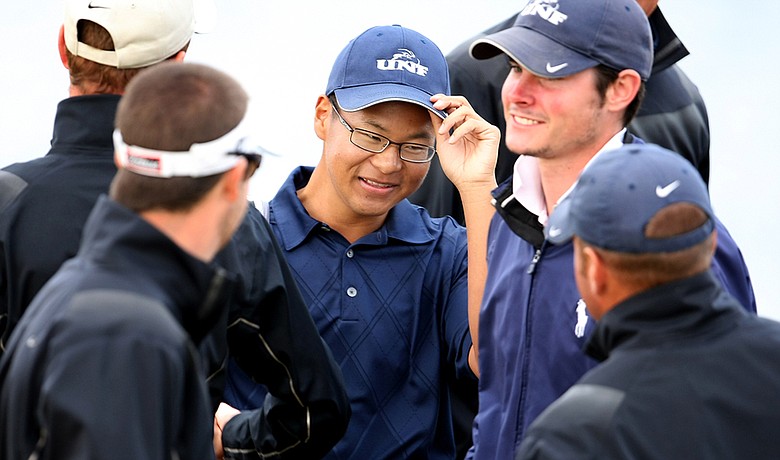 Joe Byun is congratulated by his teammates after leading North Florida to a victory March 2 at the John Hayt Collegiate Invitational.
