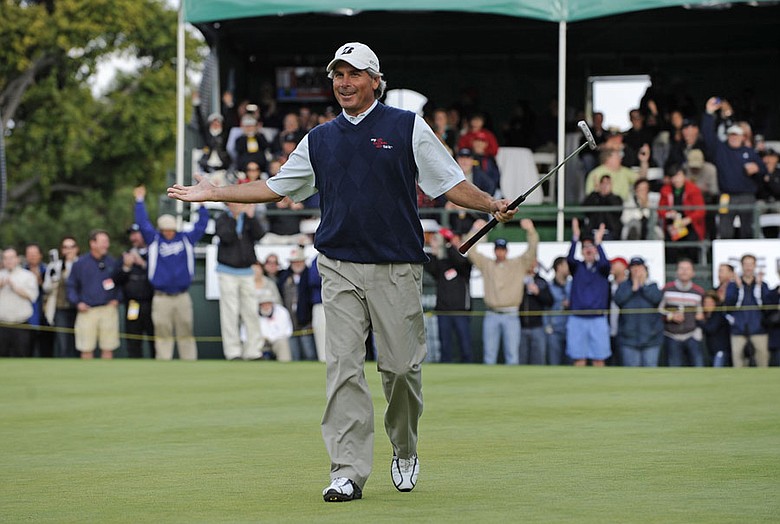 Fred Couples celebrates after winning the Toshiba Classic, his second victory in a row on the Champions Tour.