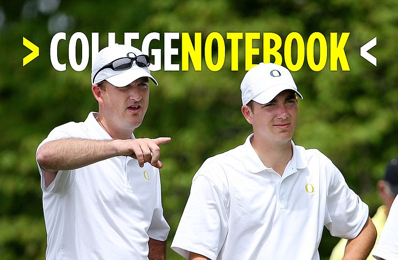 Oregon coach Casey Martin (left) talks with Joey Benedetti during the second round of the 2008 NCAA Championship.