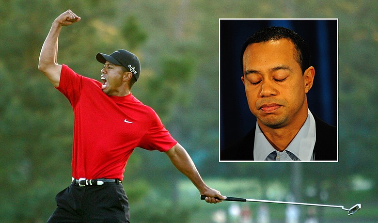 Tiger Woods fist pumps after winning the 2005 Masters.