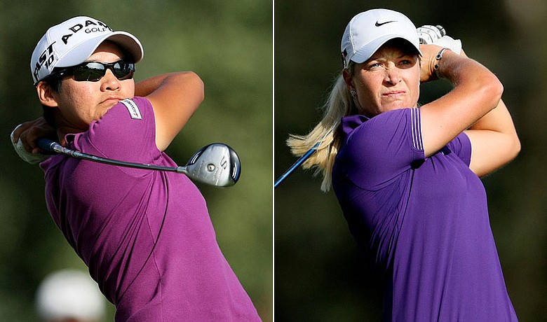 Yani Tseng (left) and Suzann Pettersen during the third round of the Kraft Nabisco Championship.