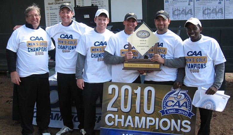 The Towson men's golf team celebrates their victory at the CAA Championship.
