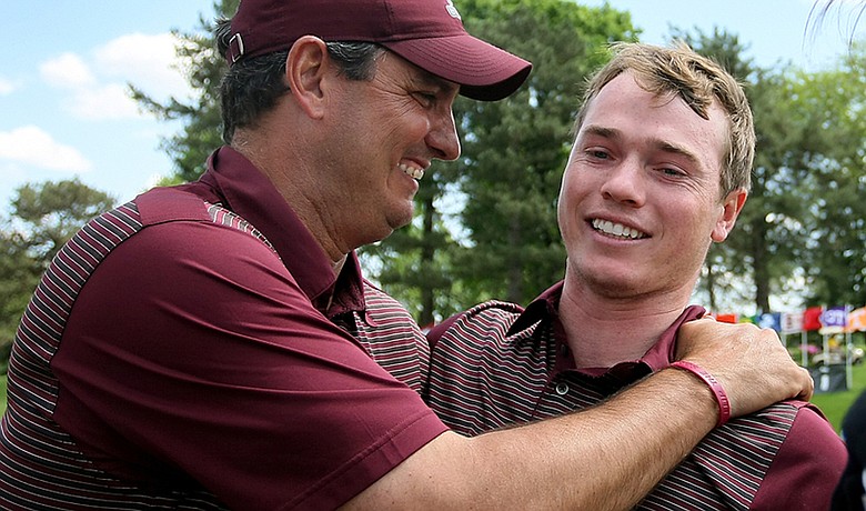 J.T. Higgins (left) celebrates with Bronson Burgoon after the Aggies won the 2009 NCAA Championship.