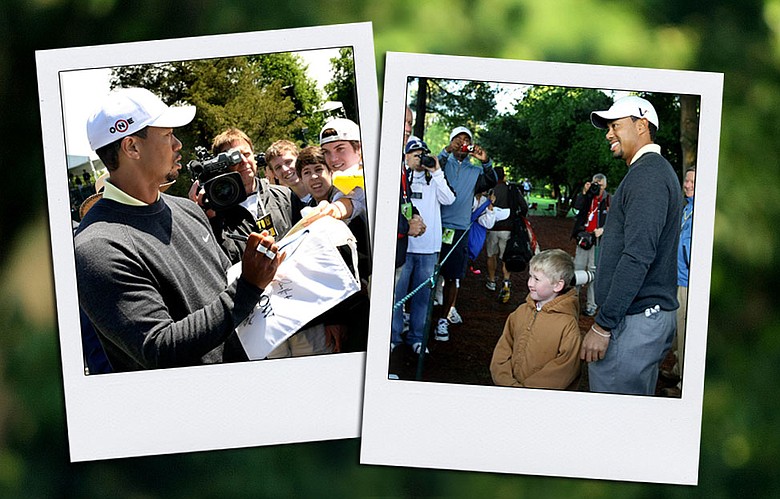Tiger Woods signs autographs (left) and stops on his way to the second hole (right) to pose with Andrew Nicholson, 6, of Gastonia, N.C. during Wednesday's Pro Am at the Quail Hollow Championship.