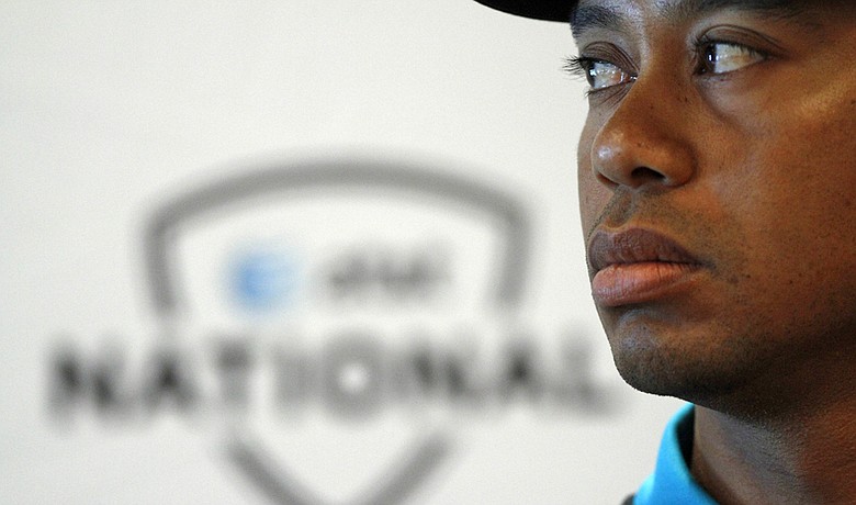 Tiger Woods at a press conference Monday at Aronimink Golf Club.