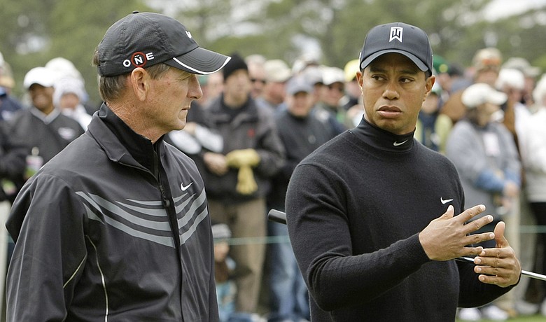 Hank Haney and Tiger Woods at the 2009 Masters.